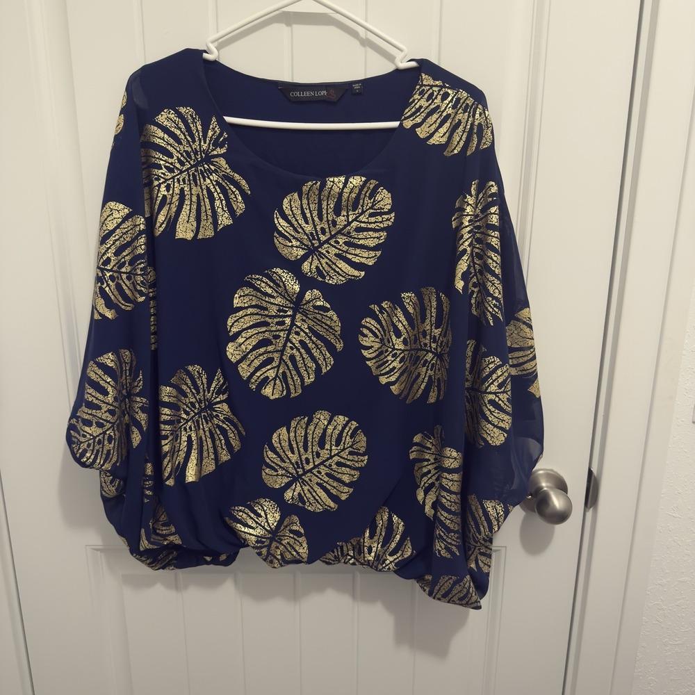 Colleen Lopez Women's‎ Navy Gold Leave Design Elastic Bottom Blouse Size Large